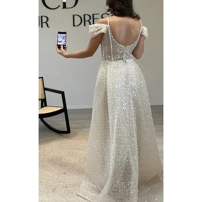 Glamorous Mermaid Off Shoulder Sequin Crystal Ivory Train Evening Dress For Sale