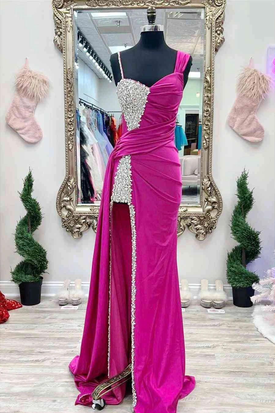 Glamorous Mermaid One-Shoulder Beaded Fuchsia Floor-Length Prom Dress