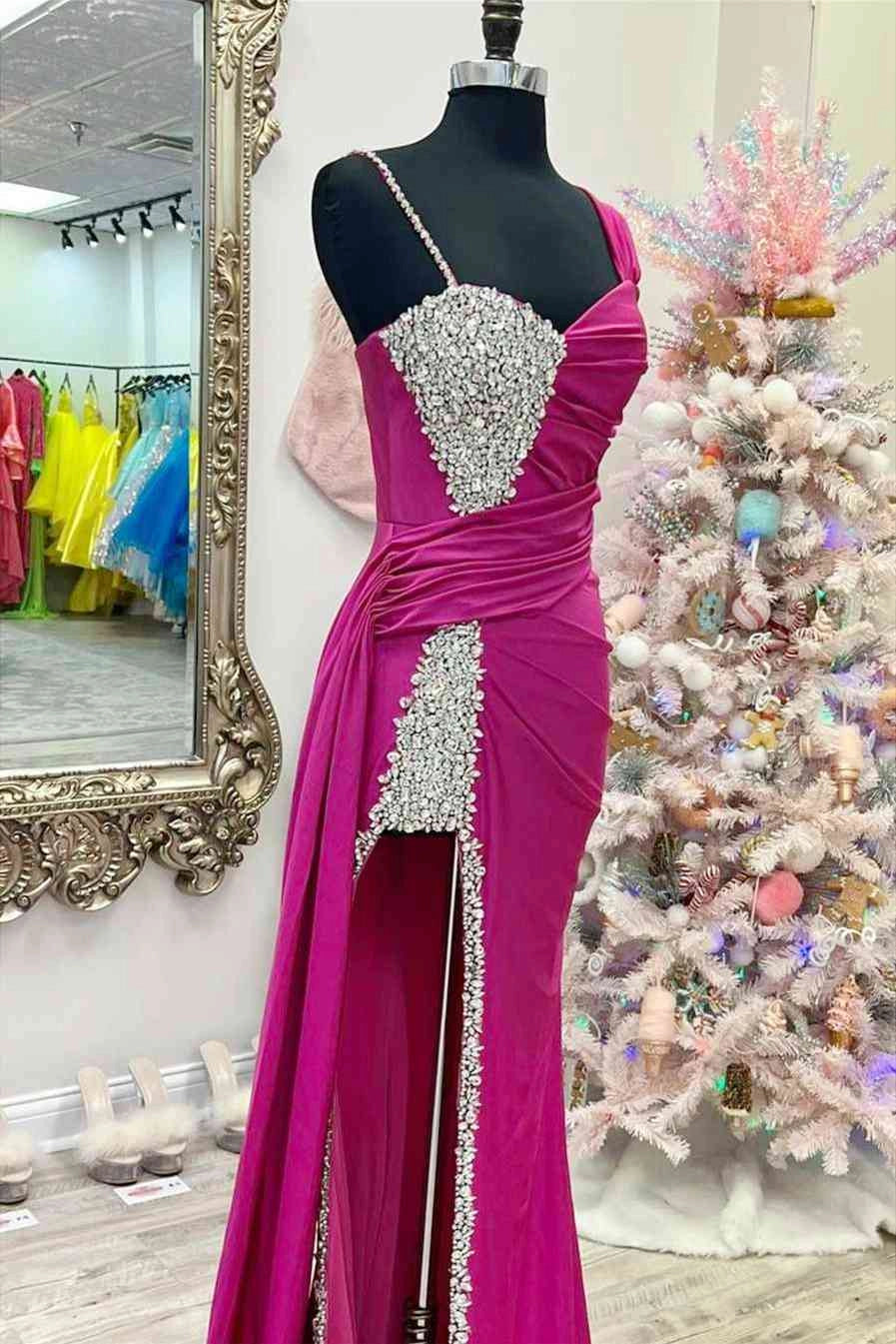 Glamorous Mermaid One-Shoulder Beaded Fuchsia Floor-Length Prom Dress