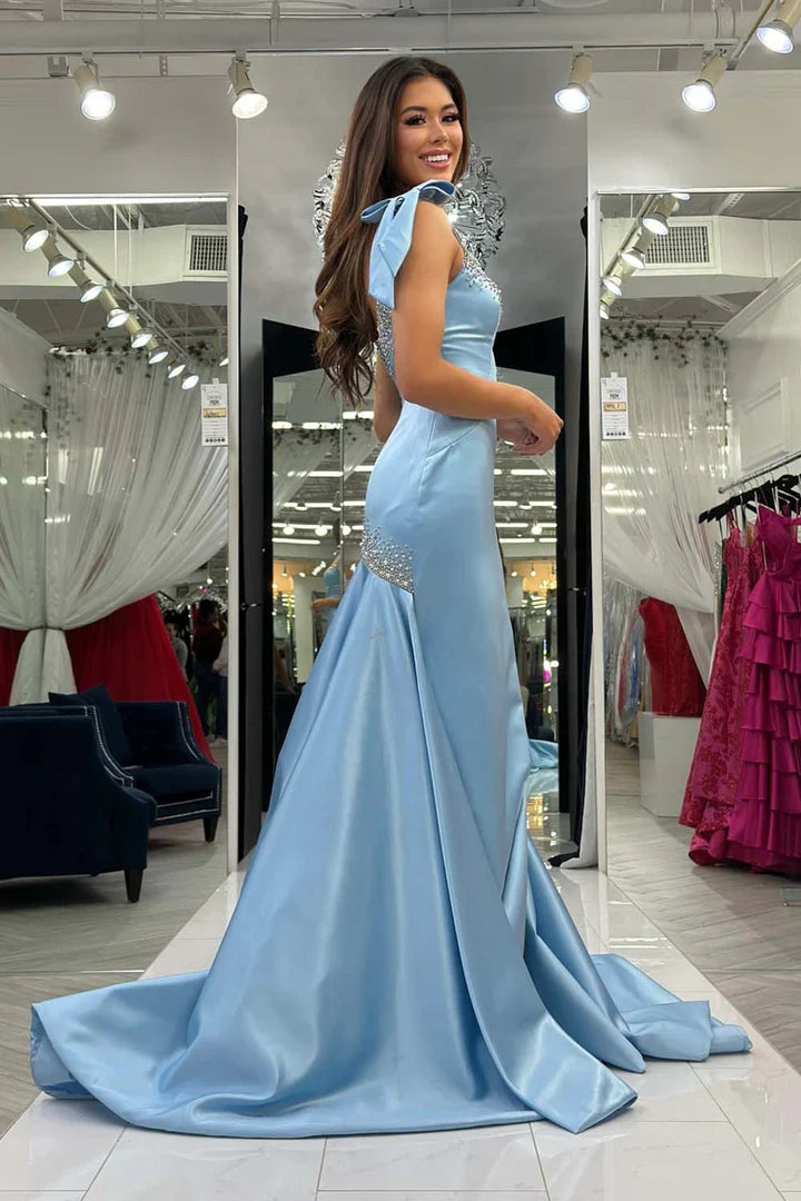 Glamorous Mermaid One-Shoulder Beaded Light Blue Party Dress