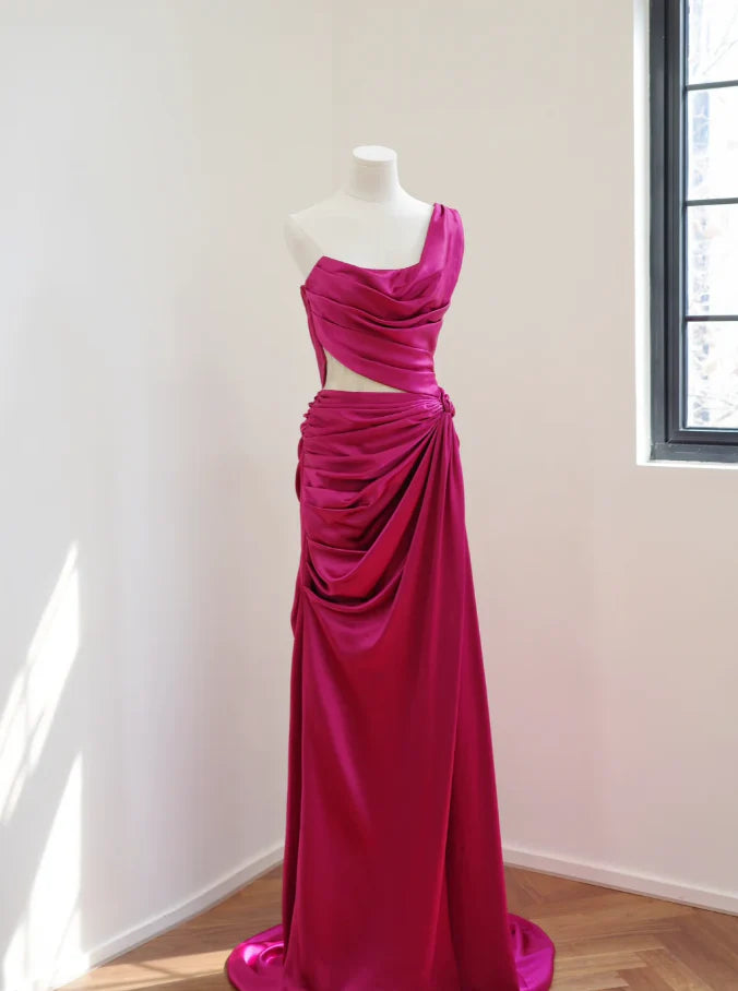 Glamorous Mermaid One-Shoulder Ruched Magenta Long Party Dresses