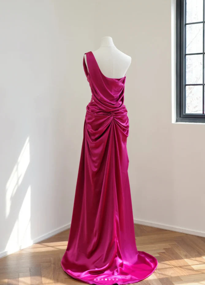 Glamorous Mermaid One-Shoulder Ruched Magenta Long Party Dresses