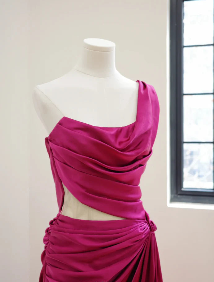 Glamorous Mermaid One-Shoulder Ruched Magenta Long Party Dresses