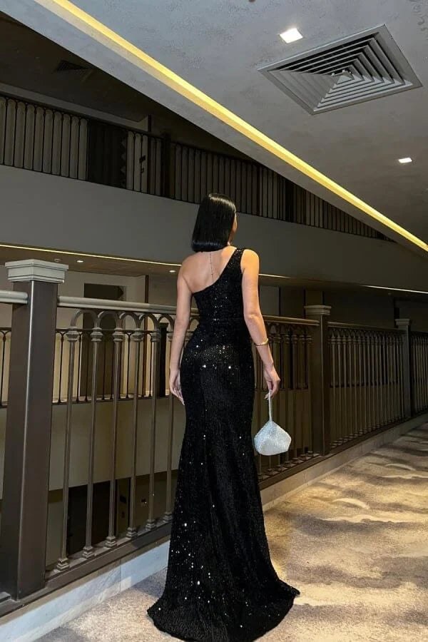 Glamorous Mermaid One-Shoulder Sequin Black Floor-Length Prom Dress