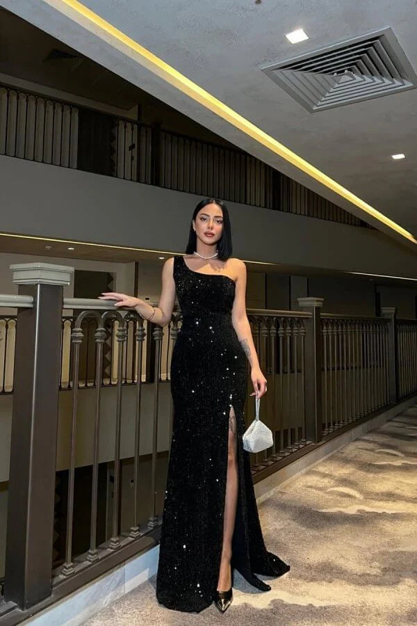 Glamorous Mermaid One-Shoulder Sequin Black Floor-Length Prom Dress