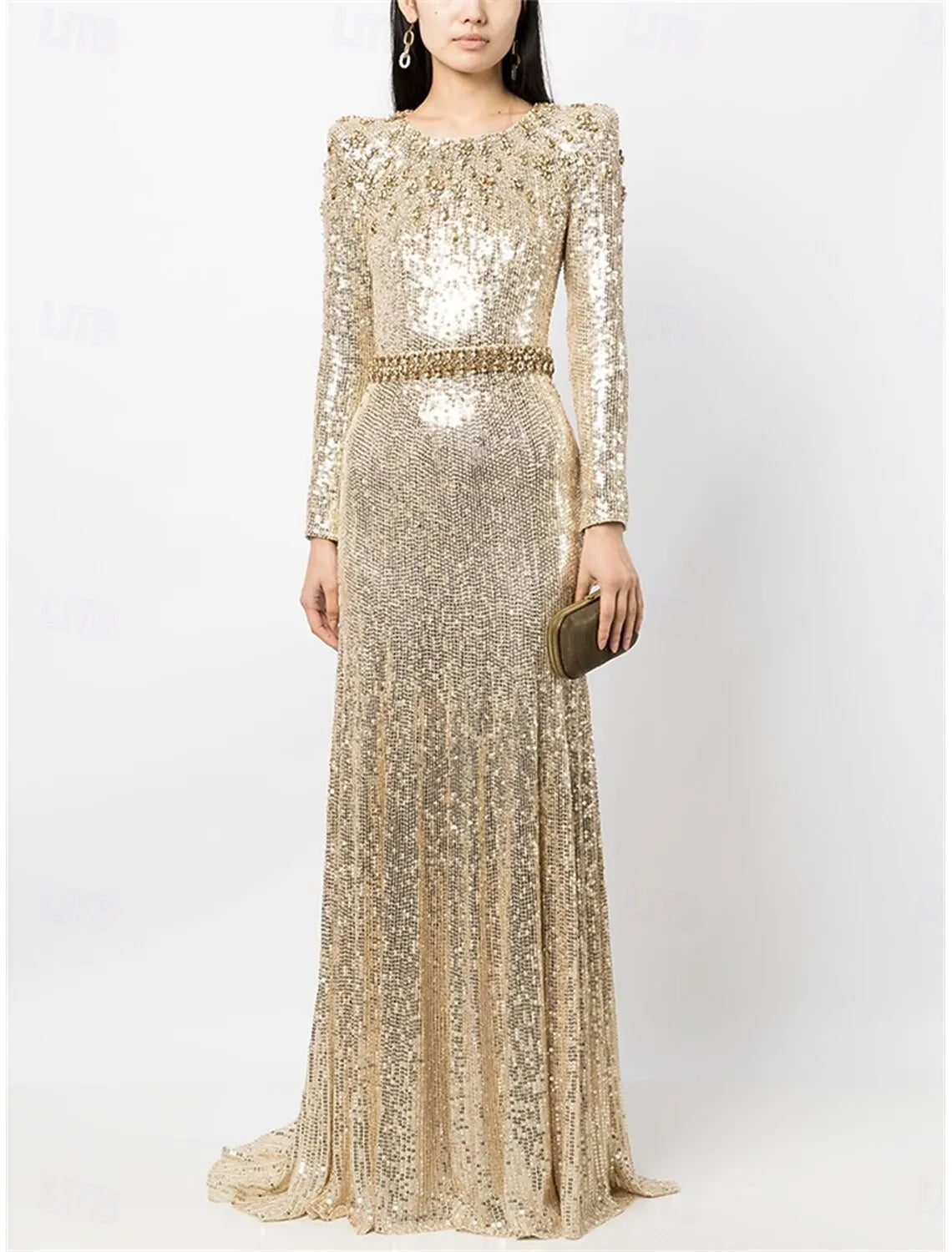 Glamorous Mermaid Round Neck Long Sleeve Beaded Sequin Gold Train Evening Dress For Sale