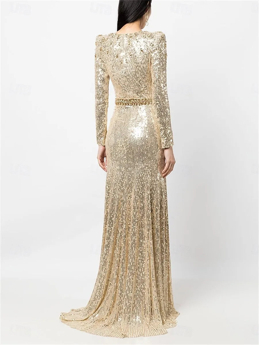 Glamorous Mermaid Round Neck Long Sleeve Beaded Sequin Gold Train Evening Dress For Sale