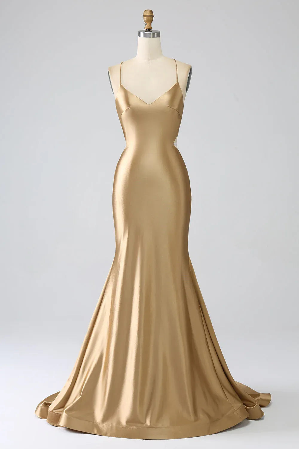 Glamorous Mermaid Spaghetti Strap Cutout Satin Gold Prom Dress With Sweep Train
