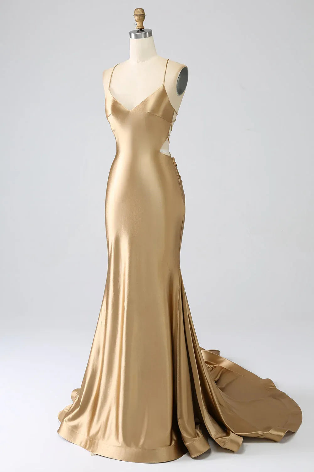 Glamorous Mermaid Spaghetti Strap Cutout Satin Gold Prom Dress With Sweep Train