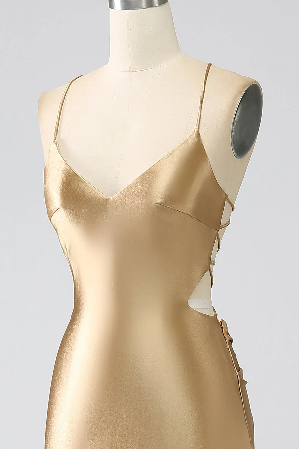 Glamorous Mermaid Spaghetti Strap Cutout Satin Gold Prom Dress With Sweep Train