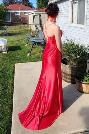 Glamorous Mermaid Spaghetti Strap Ruched Red Floor-Length Prom Dress