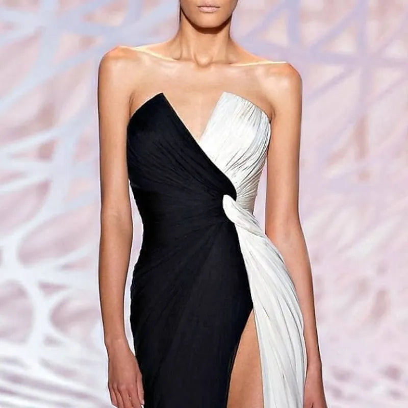 Glamorous Mermaid Strapless Two-Tone Black White Slit Evening Dress For Sale