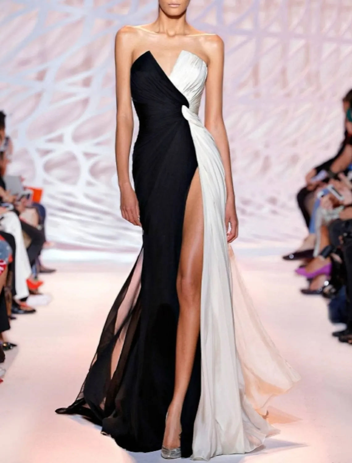 Glamorous Mermaid Strapless Two-Tone Black White Slit Evening Dress For Sale
