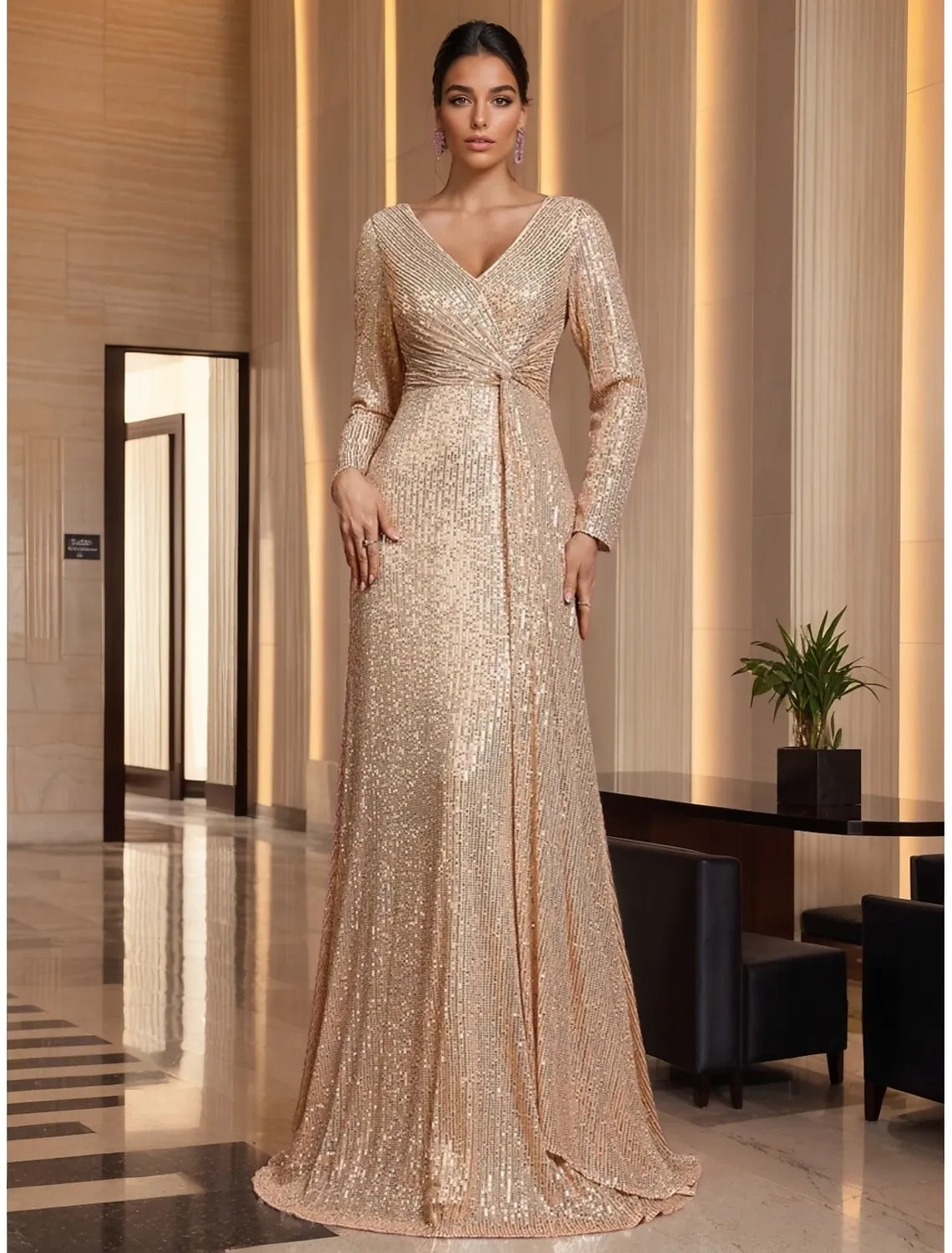 Glamorous Mermaid V-Neck Long Sleeve Sequin Champagne Floor Length Evening Dress For Sale