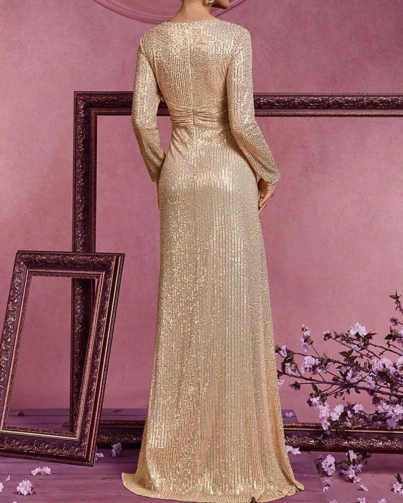 Glamorous Mermaid V-Neck Long Sleeve Sequin Champagne Floor Length Evening Dress For Sale