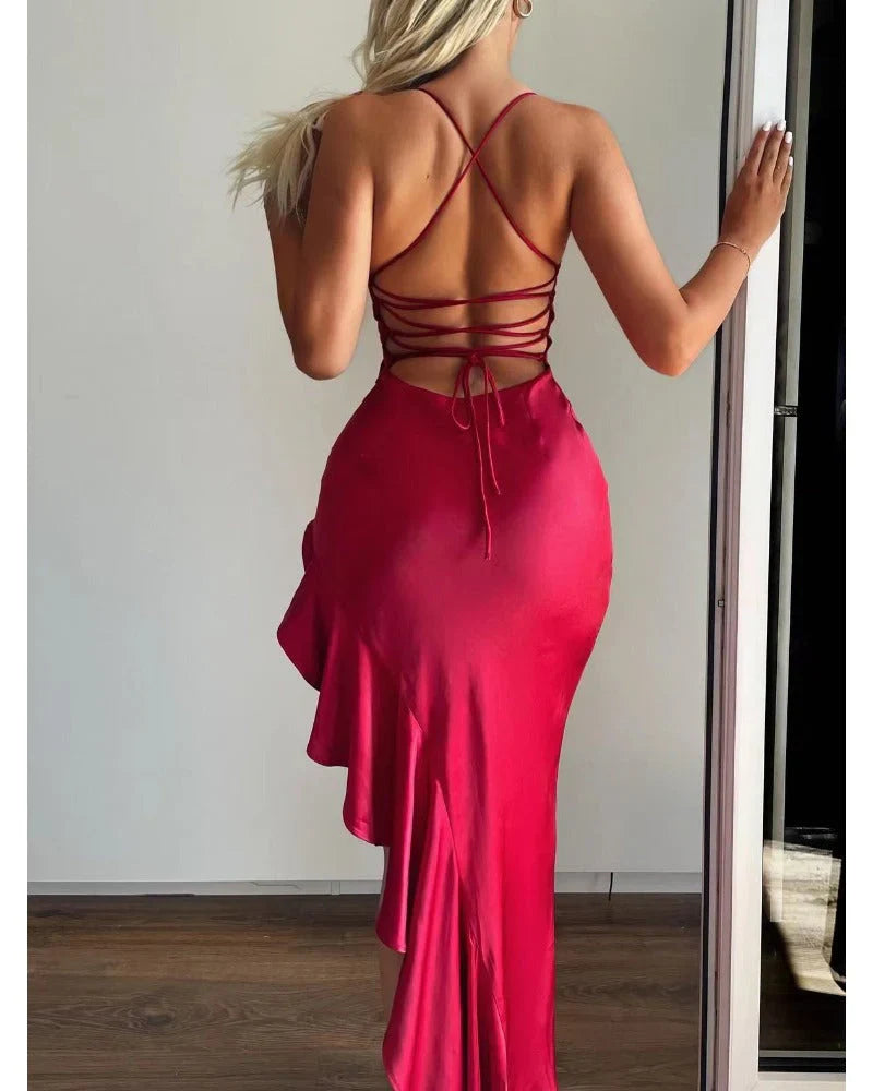 Glamorous Mermaid V-Neck Sleeveless Ruffled Red Satin Party Dresses