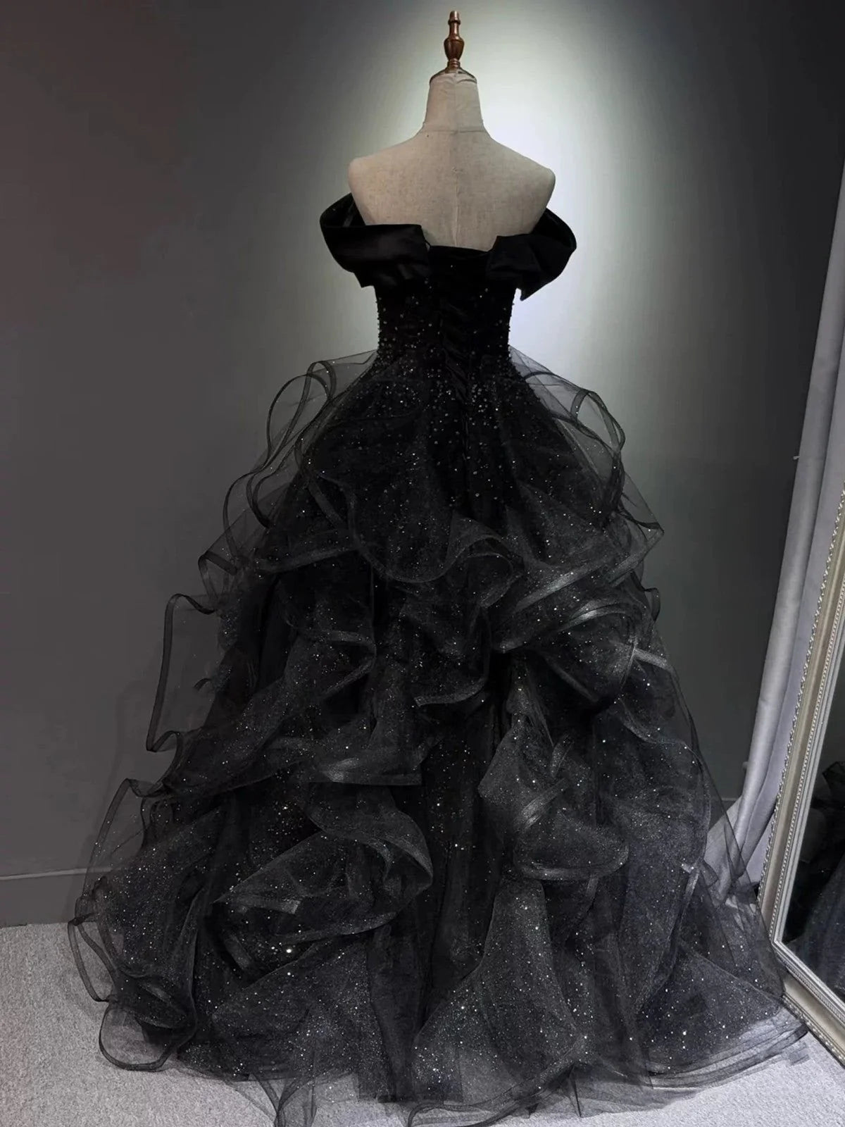 Glamorous Off-the-Shoulder Ruffled Black Floor-Length Party Dress