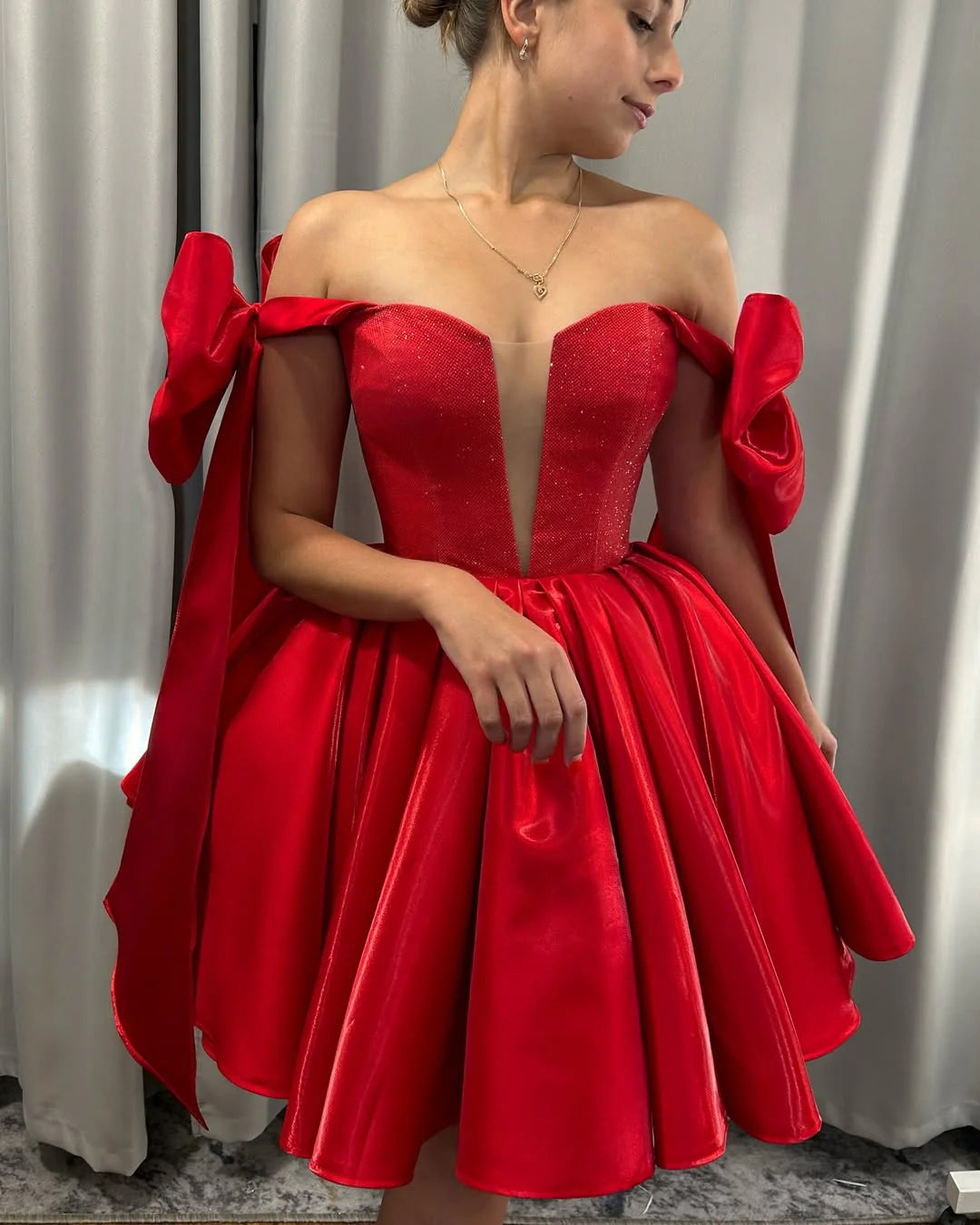 Glamorous Off-the-Shoulder Sleeveless Satin Red Mini Homecoming Dress