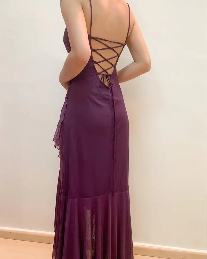 Glamorous Sheath Spaghetti Strap Lace-Up Plum High-Low Prom Dress