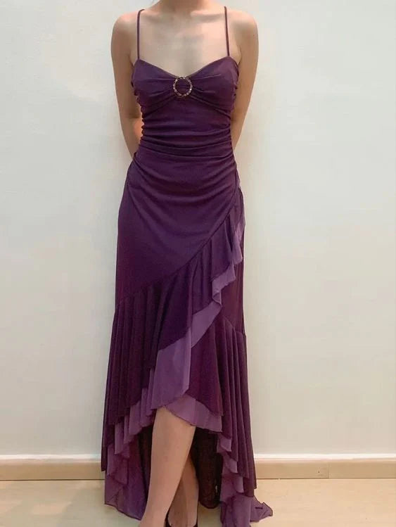 Glamorous Sheath Spaghetti Strap Lace-Up Plum High-Low Prom Dress
