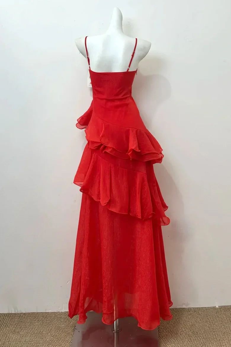 Glamorous Sheath Spaghetti Strap Ruffled Red Floor-Length Party Dress