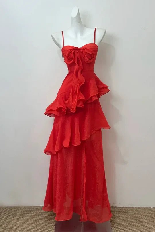 Glamorous Sheath Spaghetti Strap Ruffled Red Floor-Length Party Dress