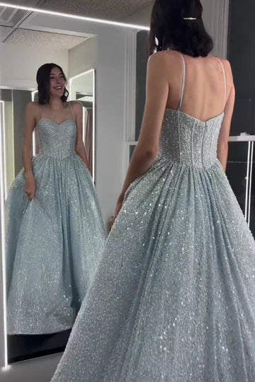 Glamorous Spaghetti Strap Sequin Light Blue Floor-Length Party Dress