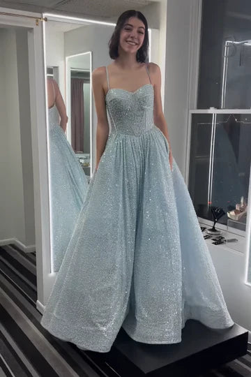 Glamorous Spaghetti Strap Sequin Light Blue Floor-Length Party Dress