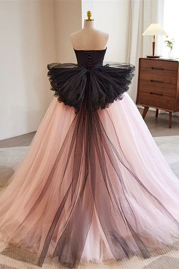 Glamorous Strapless Applique Pink-Black Floor-Length Wedding Dress