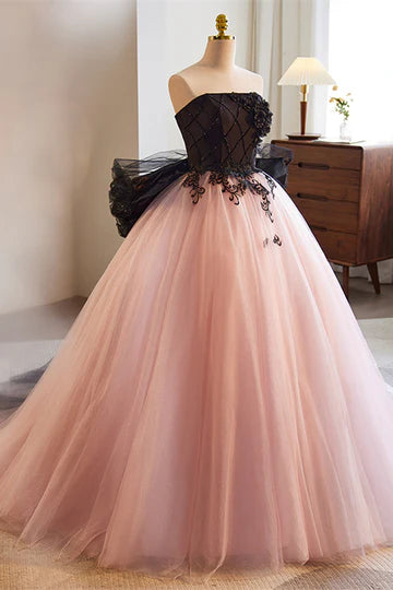 Glamorous Strapless Applique Pink-Black Floor-Length Wedding Dress