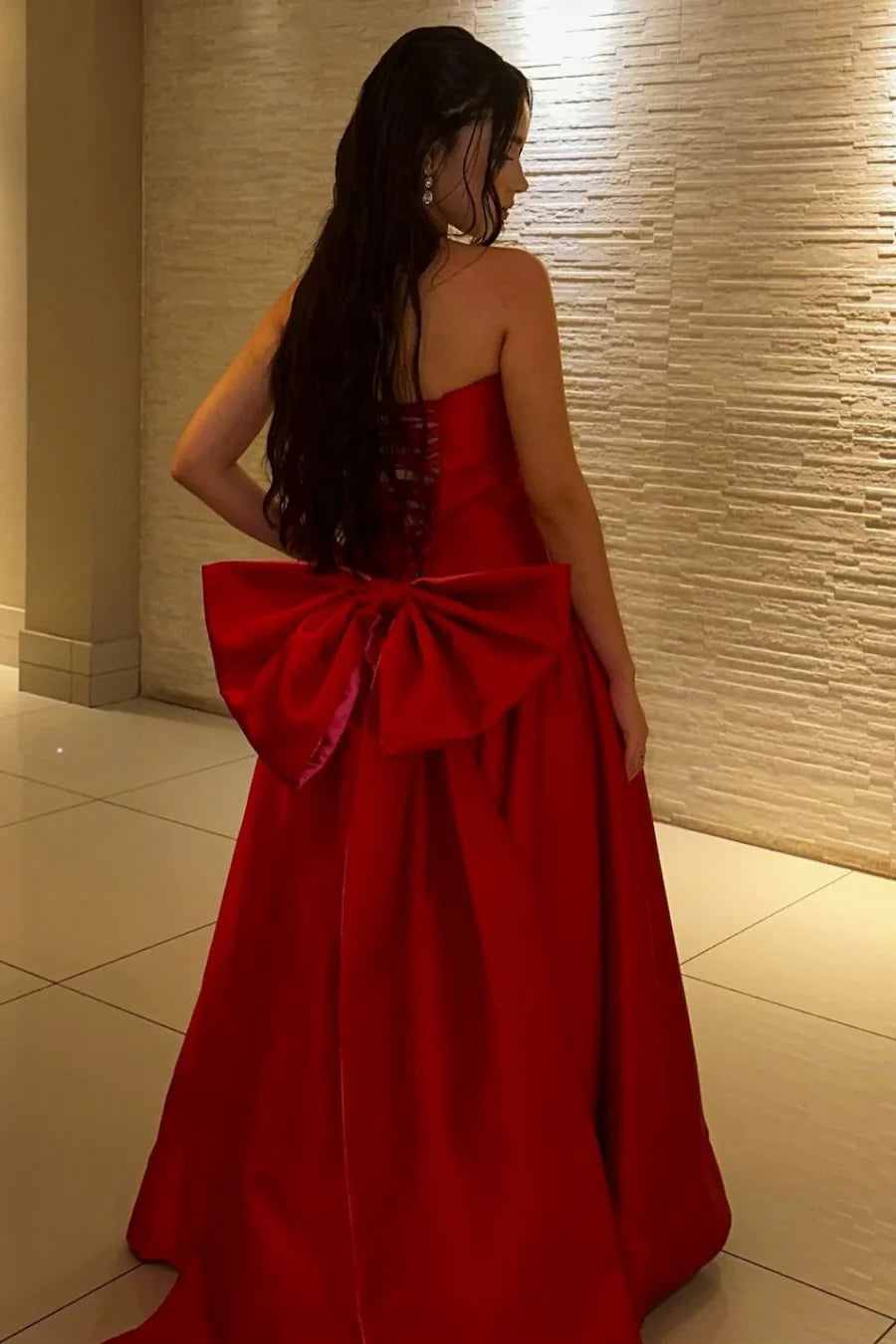 Glamorous Strapless Bow Red Floor-Length Party Dress