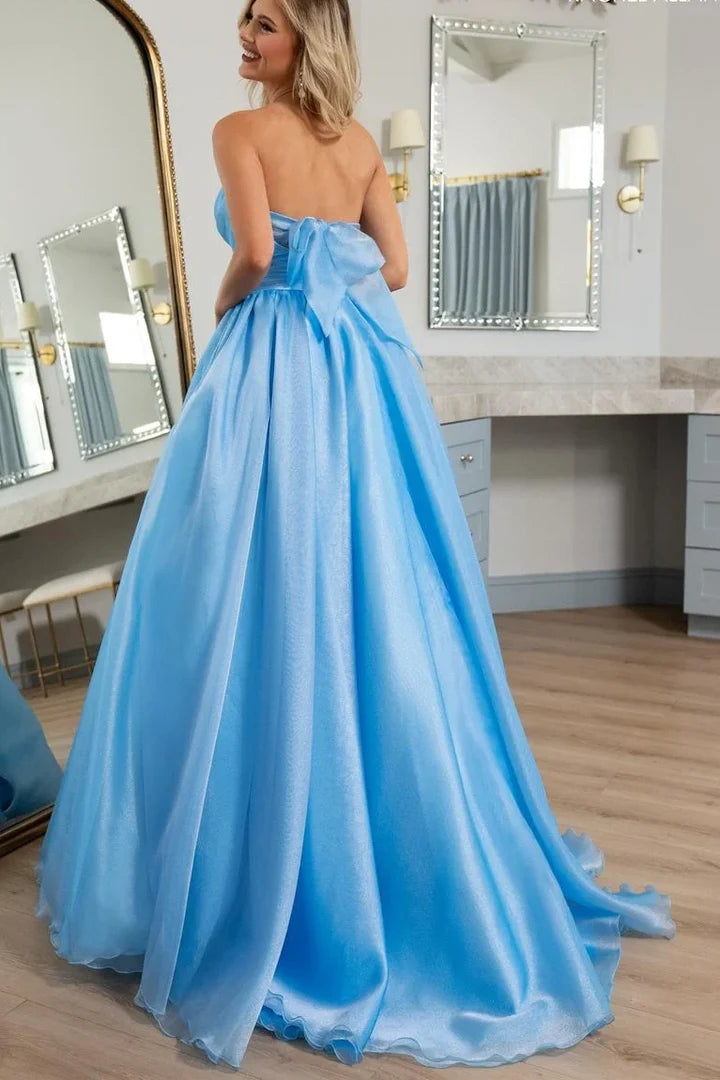 Glamorous Strapless Bow Sky Blue Floor-Length Party Dress