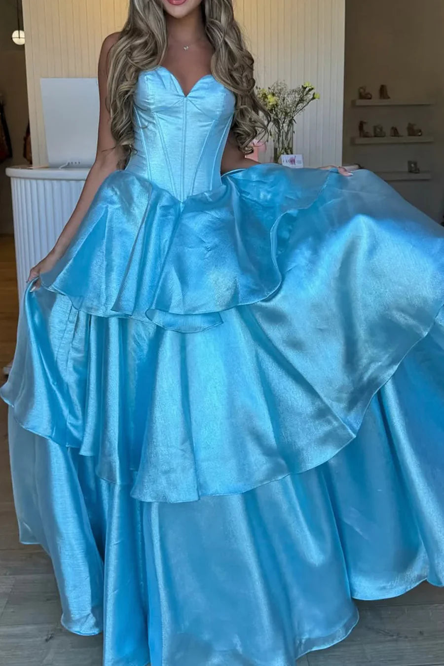 Glamorous Strapless Ruffled Sky Blue Floor-Length Party Dress