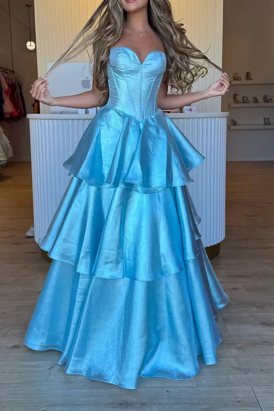 Glamorous Strapless Ruffled Sky Blue Floor-Length Party Dress