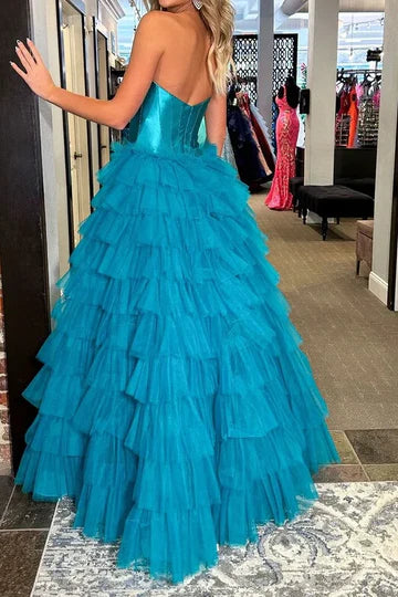Glamorous Strapless Ruffled Teal Floor-Length Party Dress