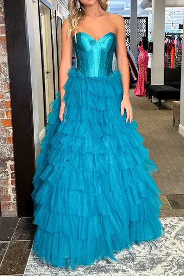 Glamorous Strapless Ruffled Teal Floor-Length Party Dress