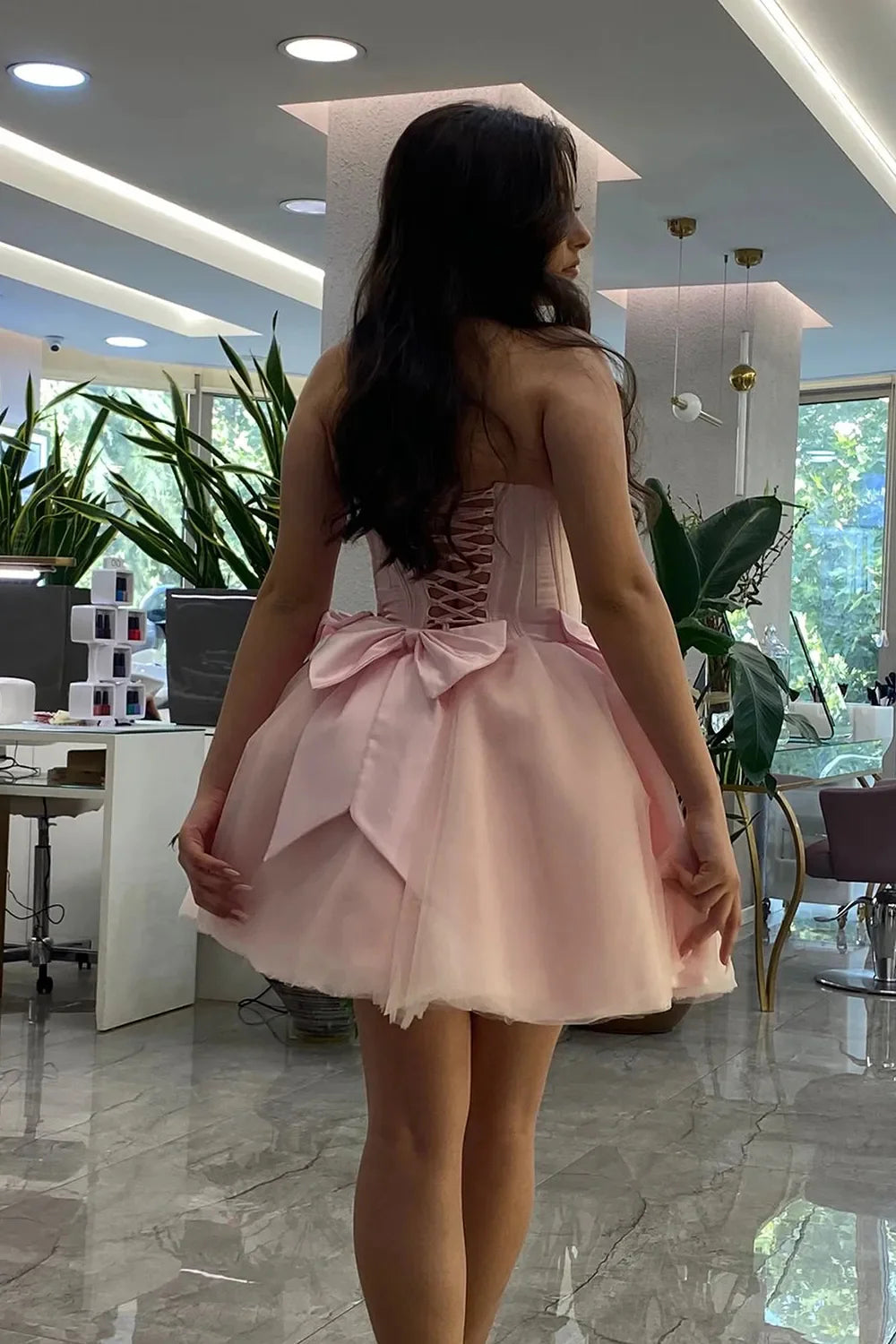 Glamorous Strapless Sleeveless Tulle Pink Mini Homecoming Dress