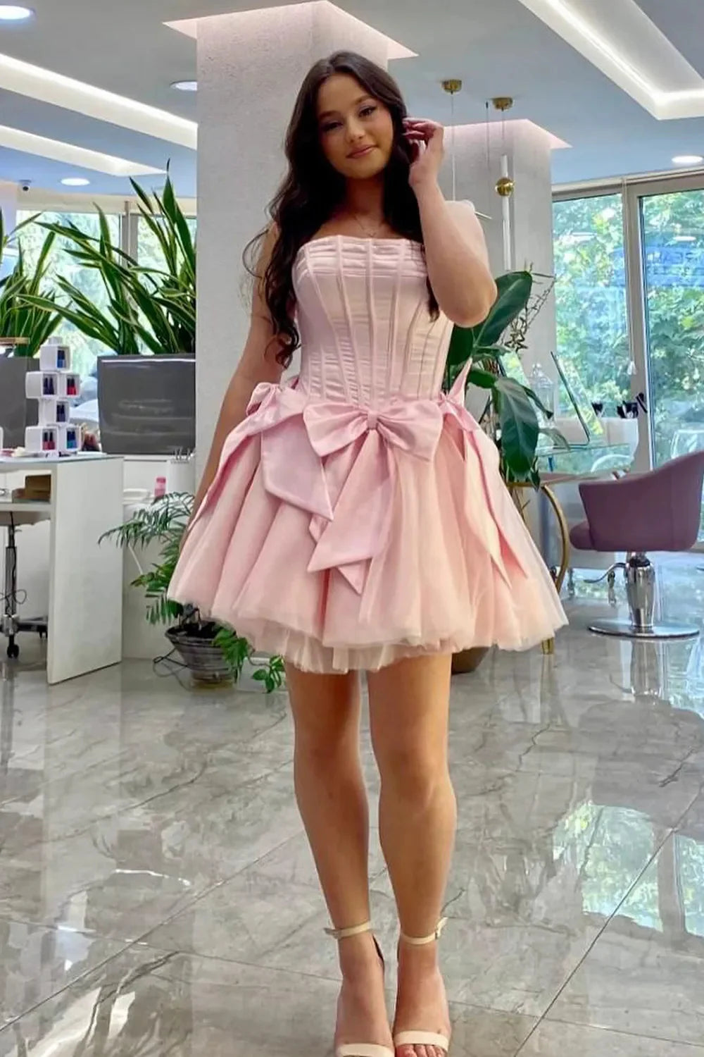 Glamorous Strapless Sleeveless Tulle Pink Mini Homecoming Dress