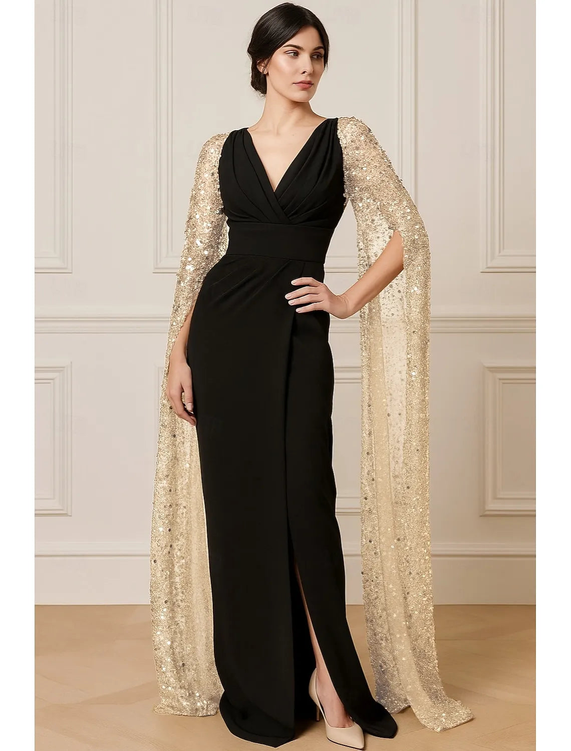 Glittering Sheath V-Neck Long Sleeve Cape Sequin Gold Black Maxi Prom Dress With Slit