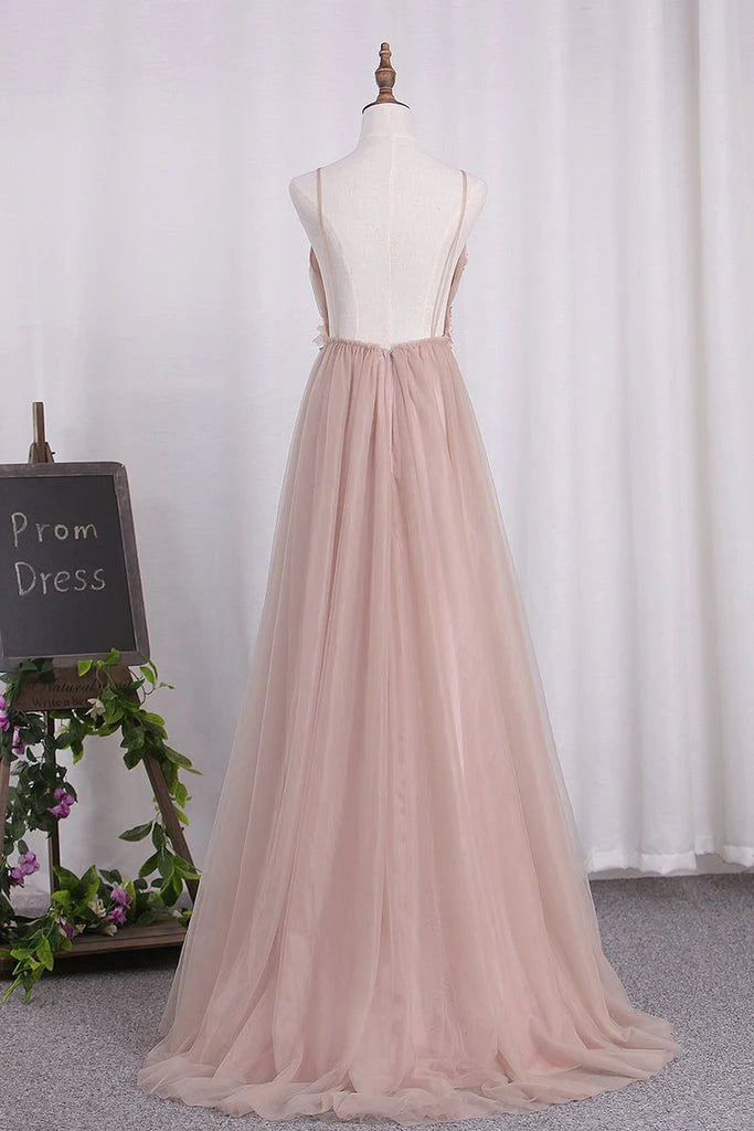 Gorgeous Flower Chiffon Long V-Neck Spaghetti Straps Evening Prom Dresses