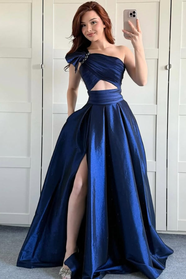 Gorgeous A-Line One Shoulder Sleeveless Satin Floor-Length Prom Dress