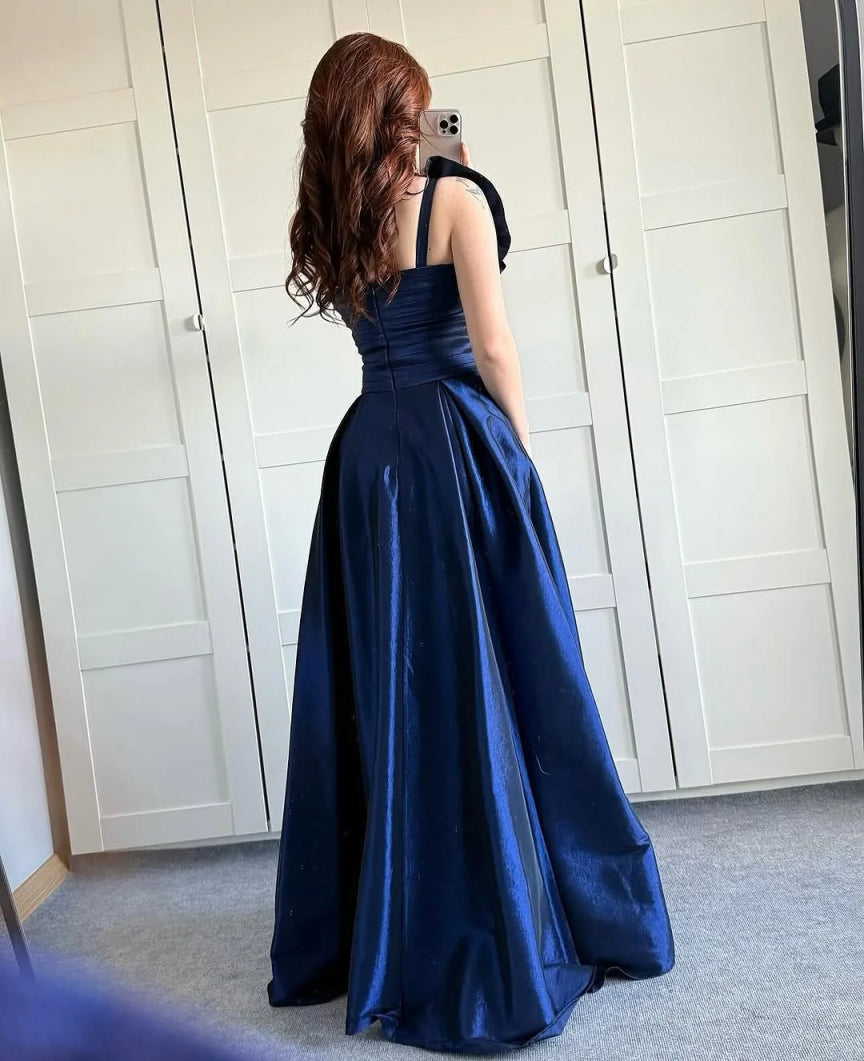 Gorgeous A-Line One Shoulder Sleeveless Satin Floor-Length Prom Dress
