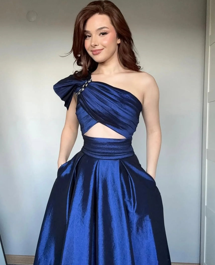 Gorgeous A-Line One Shoulder Sleeveless Satin Floor-Length Prom Dress