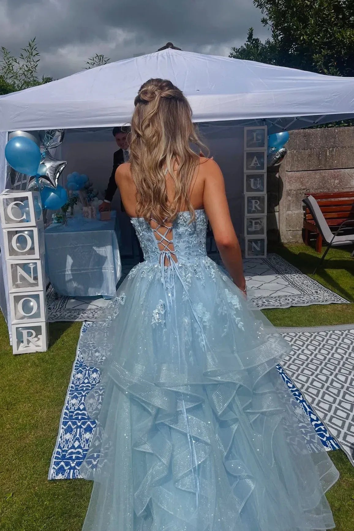 Gorgeous A-line V-Neck Sleeveless Ruffle Tulle Lace Up Floor-Length Prom Dress