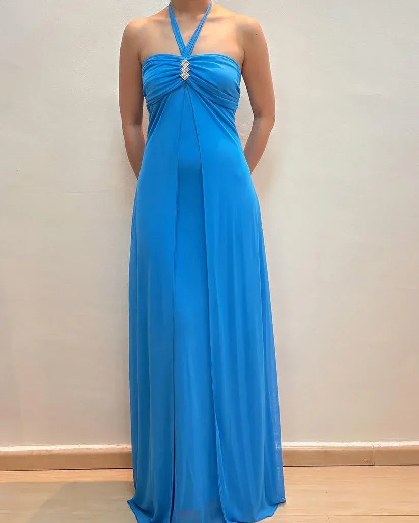 Graceful A-line Halter Neck Sleeveless Pleated Chiffon Floor-Length Prom Dress