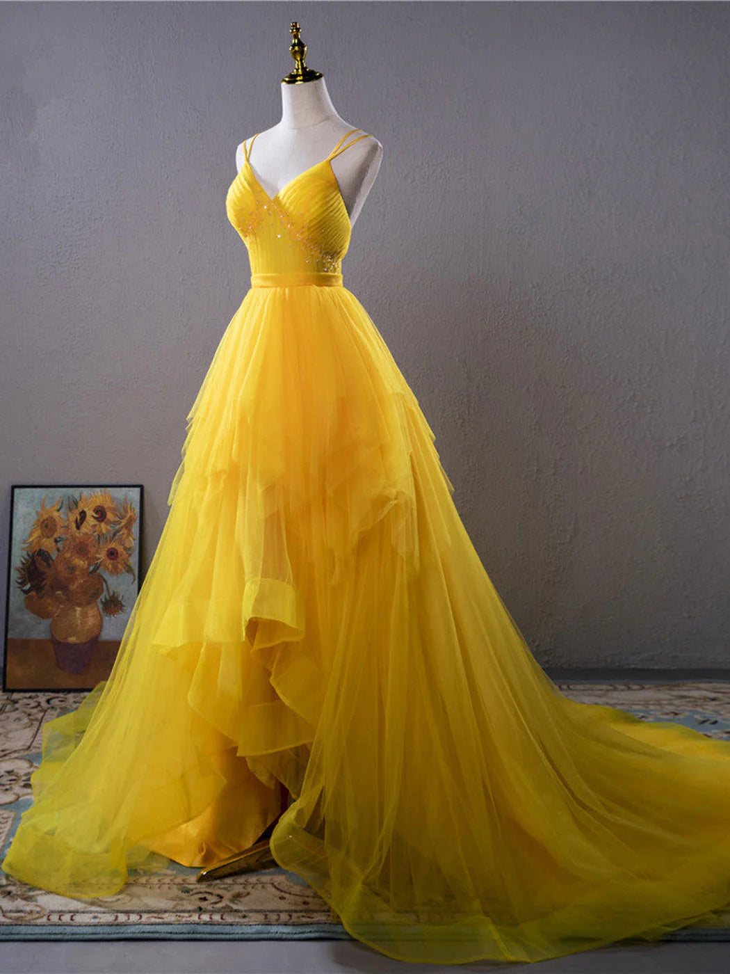 V neck high low prom dress evening dress
