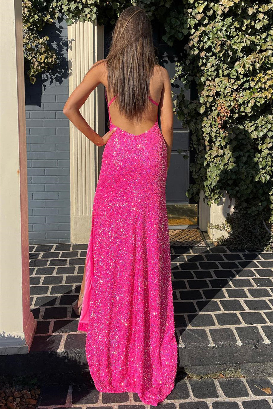 Halter Hot Pink Sequins Slit Backless Mermaid Prom Dress Sweep/Brush Train