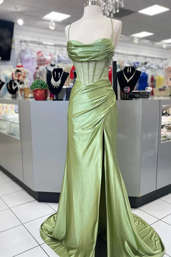 Hot Mermaid Spaghetti Straps Sleeveless Green Satin Backless Long Prom Dresses