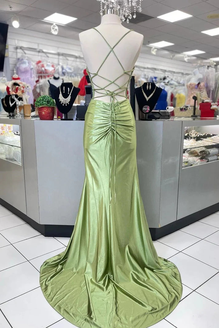 Hot Mermaid Spaghetti Straps Sleeveless Green Satin Backless Long Prom Dresses