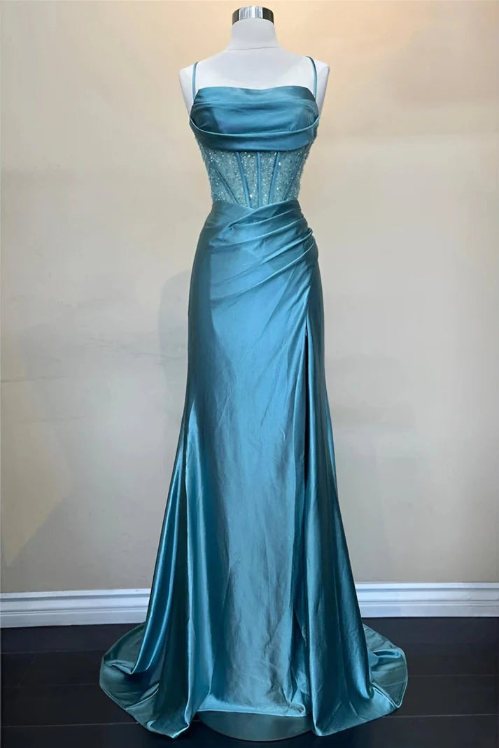 Hot Mermaid Spaghetti Straps Sleeveless Green Satin Backless Long Prom Dresses